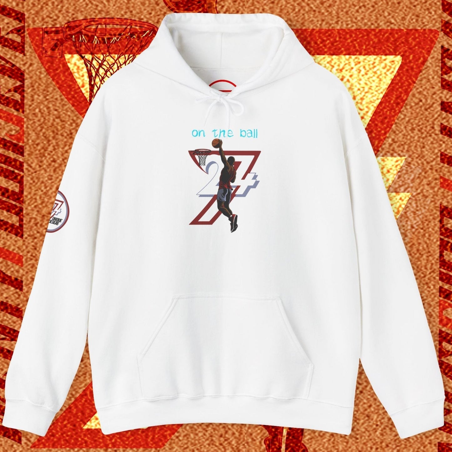 White basketball hoodie with unique hand-drawn basketball player design and adjustable hood, ideal for streetwear and training