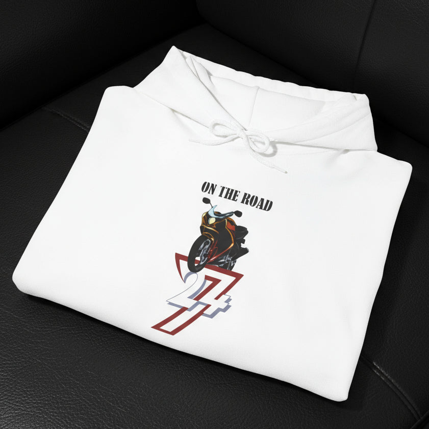 White bike hoodie with "On The Road" motorcycle design by 24/7 Unique Designs