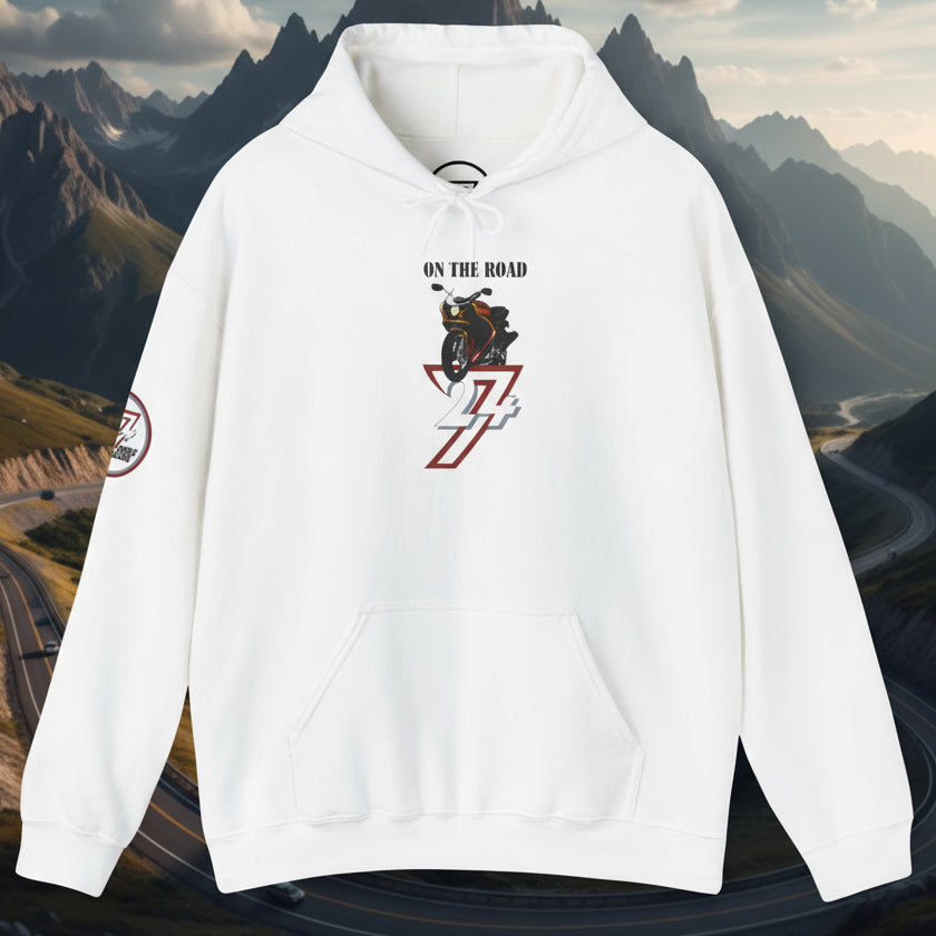 White bike hoodie with "On The Road" motorcycle design and 24/7 Unique Designs logo