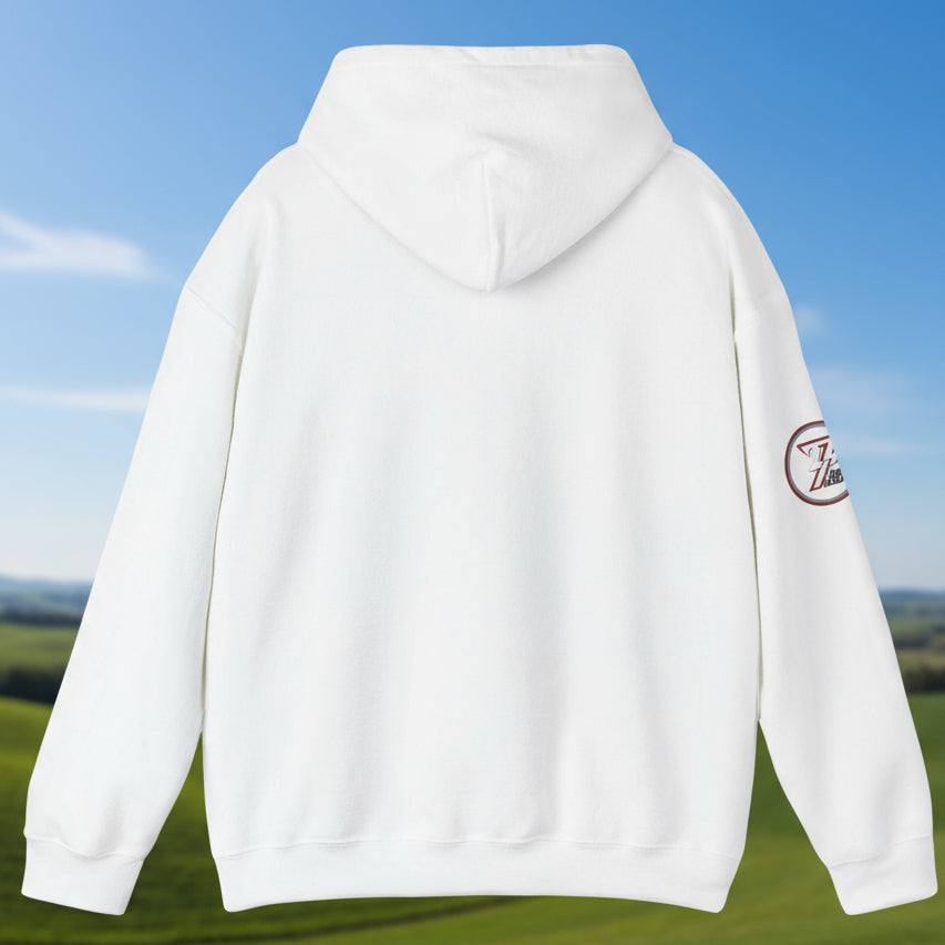 White bike hoodie with rear view and logo on sleeve by 24/7 Unique Designs