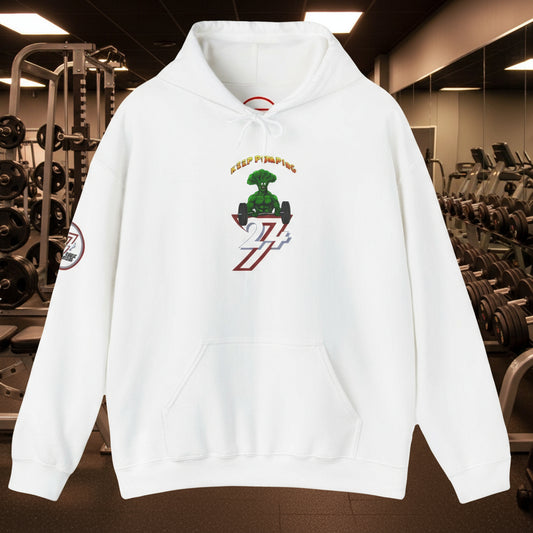 White broccoli hoodie with cartoon design and kangaroo pocket by 24/7 Unique Designs