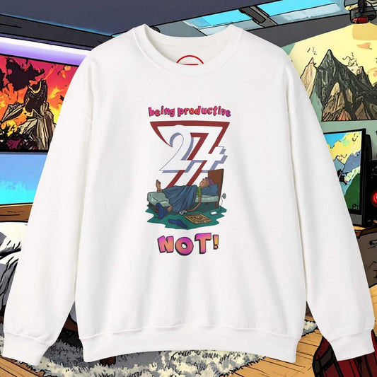 White Lazy Teenager Unisex Sweatshirt with colorful hand-drawn lazy teen cartoon and playful slogan design