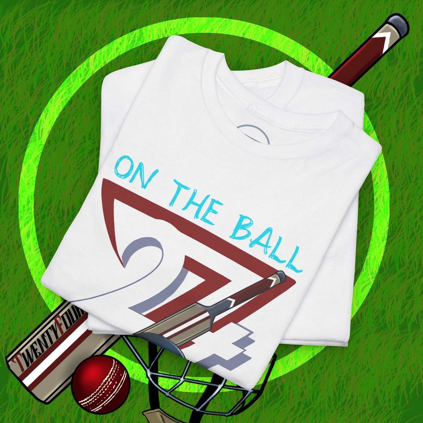 White cricket tee with hand-drawn vintage cricket design, featuring cricket bat, ball, and protective gear on a grass background