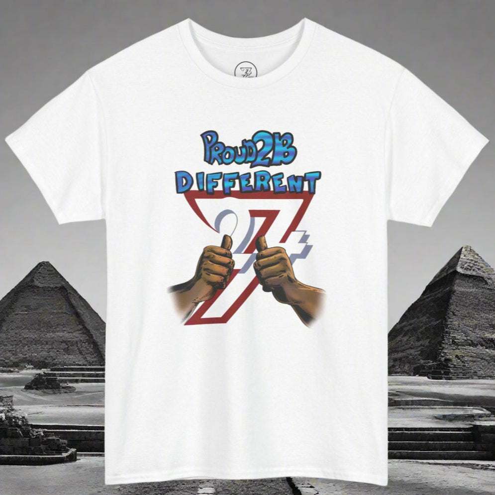White custom tee with bold "Proud 2B Different" illustration and graphic design