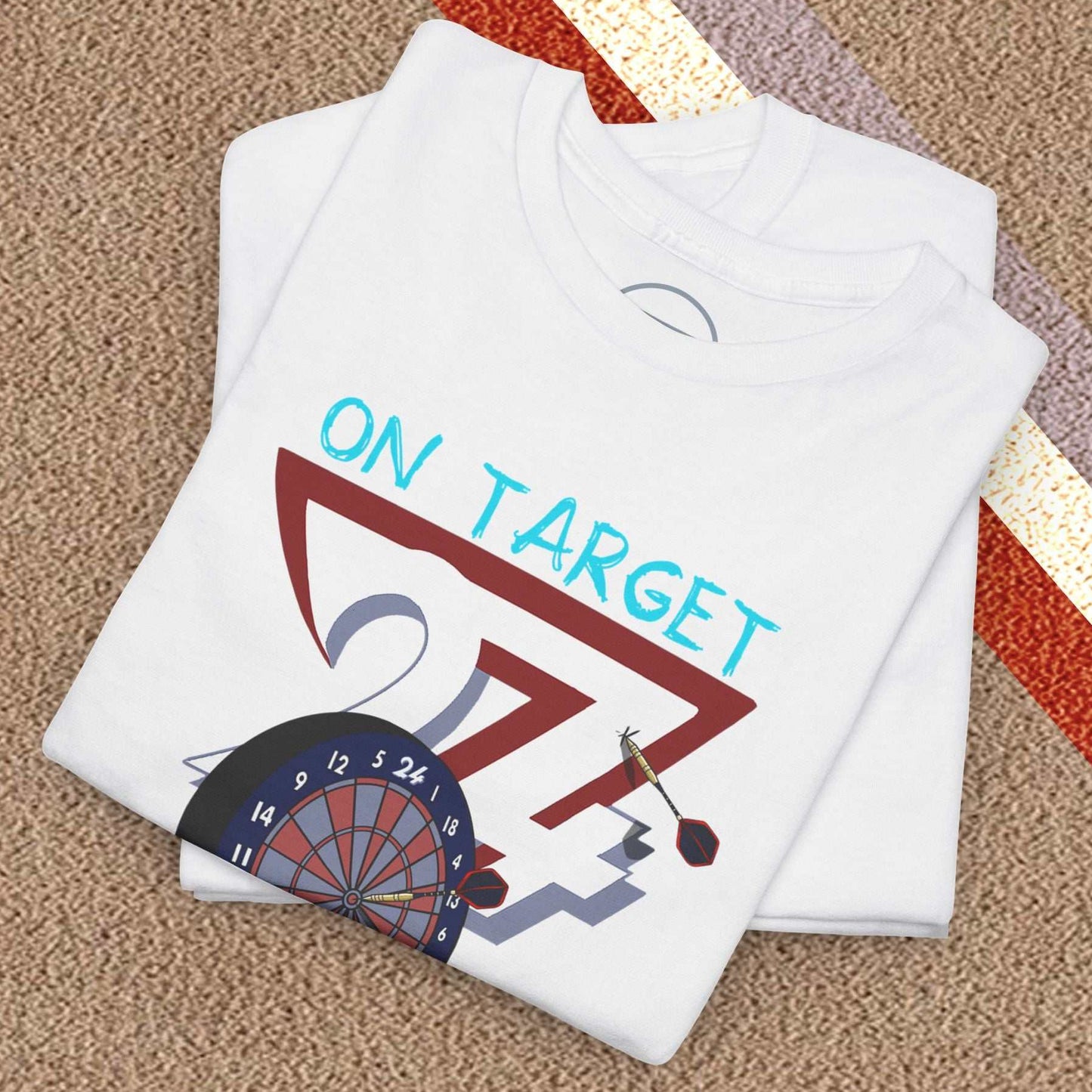 White darts T-shirt with hand-drawn dartboard and "ON TARGET" text, soft cotton fabric, casual fit