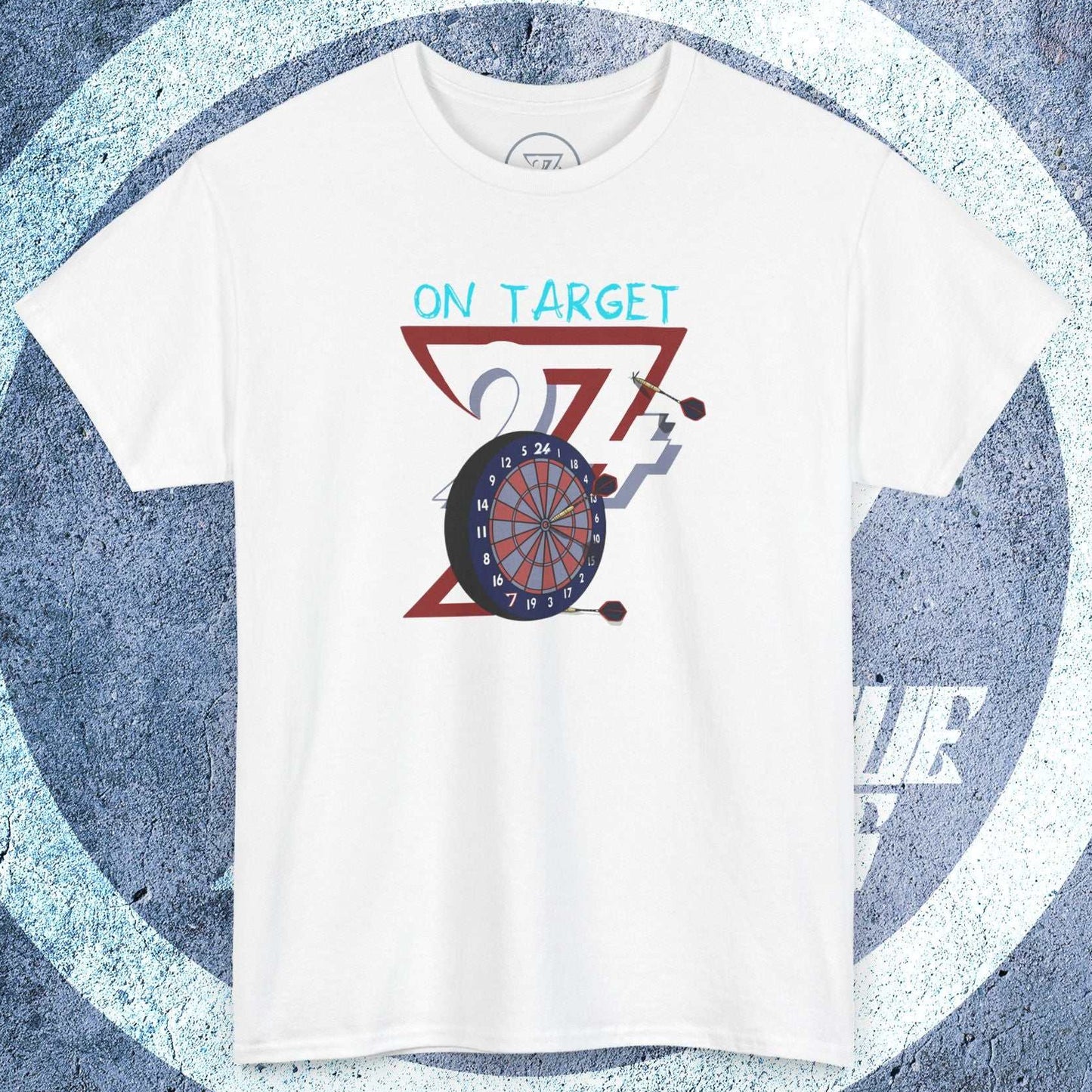 White darts T-shirt with hand-drawn dartboard and "On Target" text, casual crew-neck design