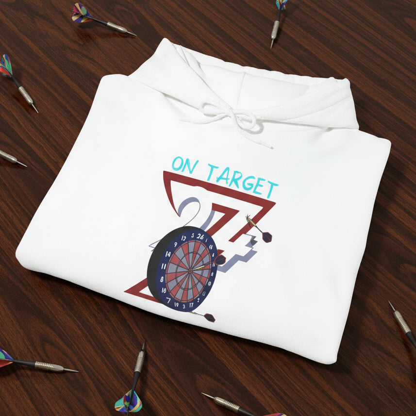 White darts hoodie with hand-drawn dartboard illustration and "On Target" text, folded, cozy unisex sweatshirt