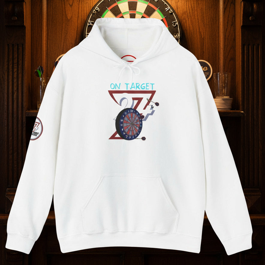 White darts hoodie with "On Target" illustration and front kangaroo pocket