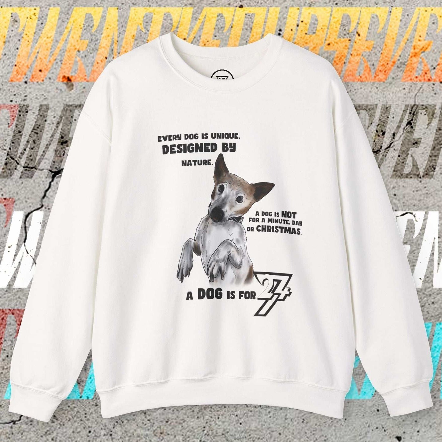 White dog lover sweatshirt with Jack Russel design and text print, cozy cotton-polyester blend, classic fit and crew neckline.