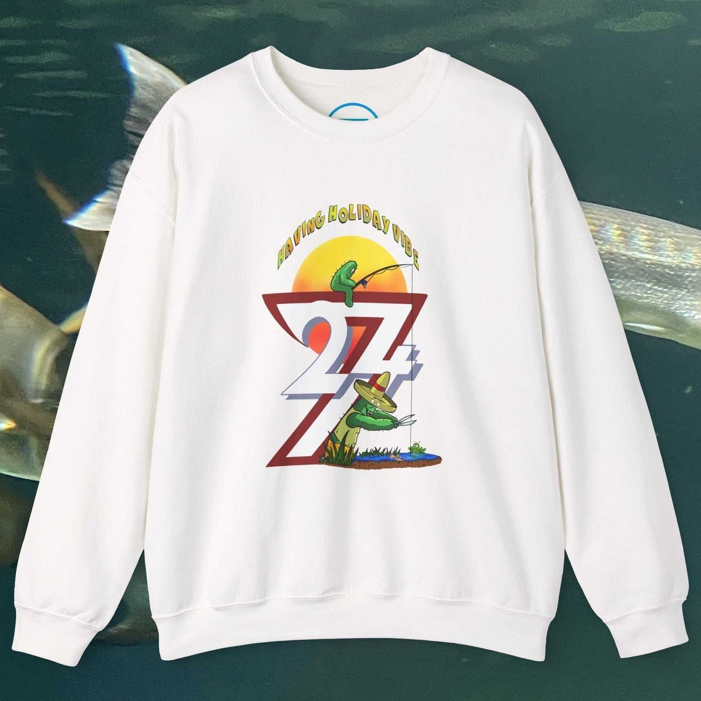 White fishing cactus sweatshirt with colorful cartoon cactus fishing design and number 24/7 print