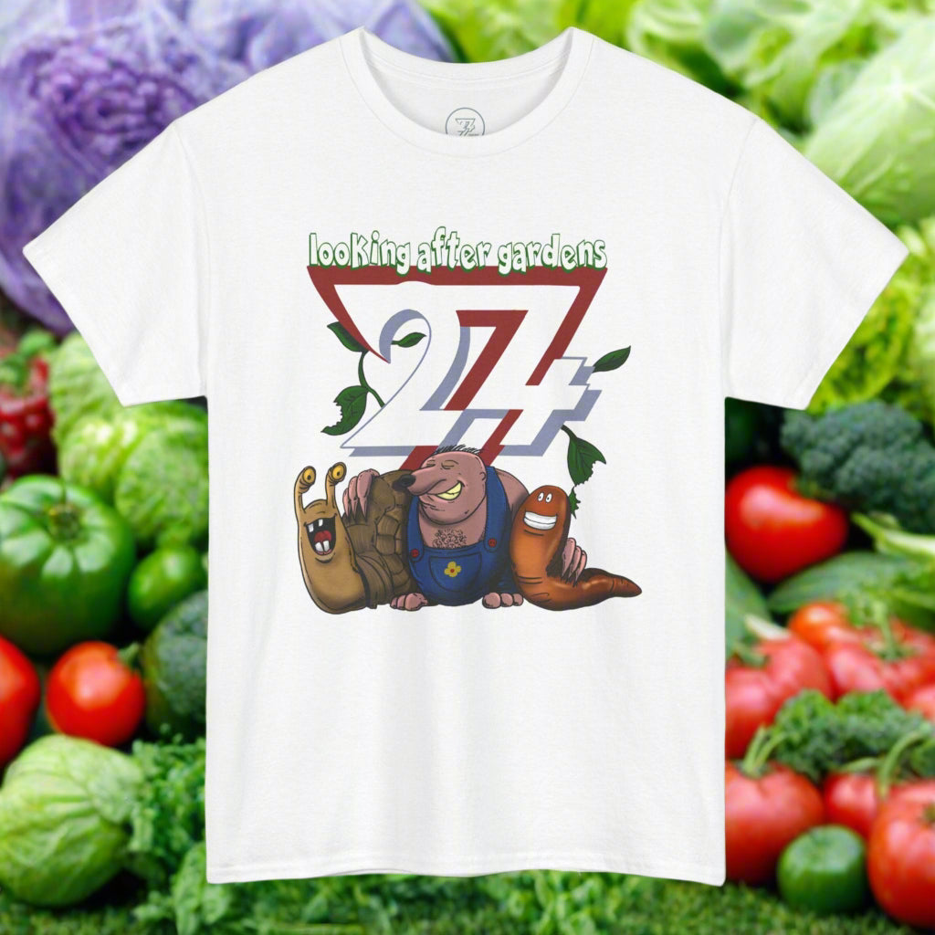 White fun t-shirt with Gardening Squad design featuring a slug, mole, and snail, made of 100% cotton for garden lovers