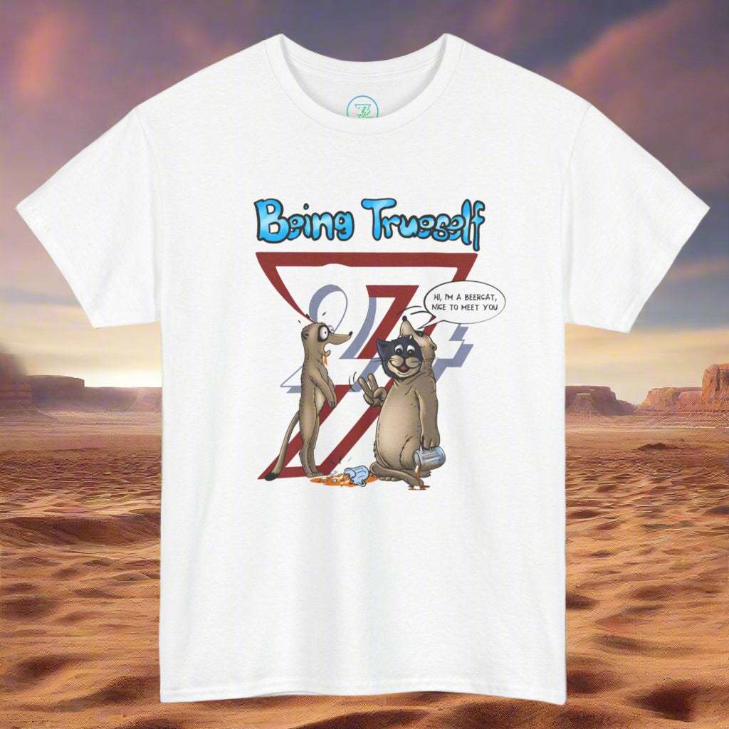 White funny cat T-shirt with cartoon meerkat and "Being True to Self" text design