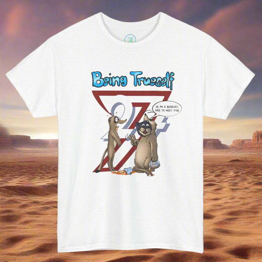 White funny cat T-shirt with cartoon meerkat and "Being True to Self" text design