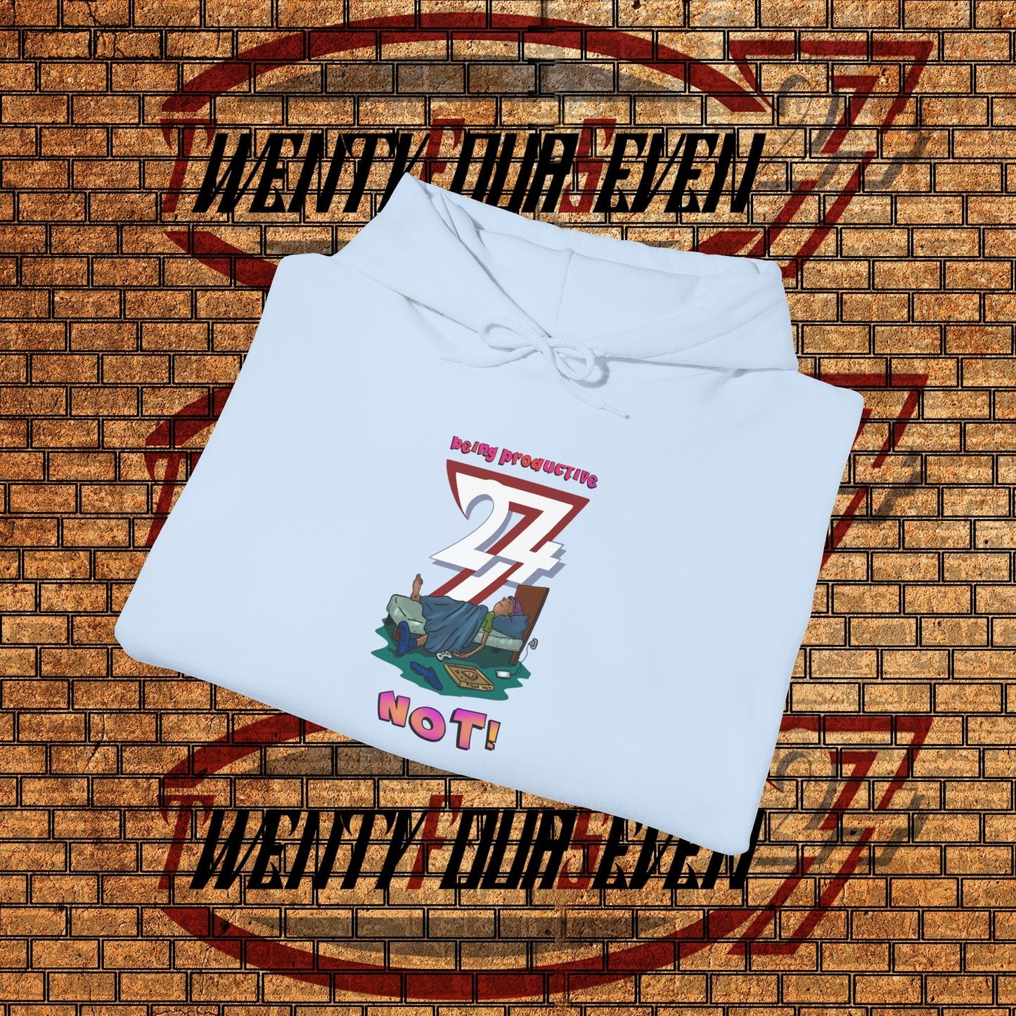 White funny custom hoodie with lazy teen cartoon design and adjustable drawstring hood