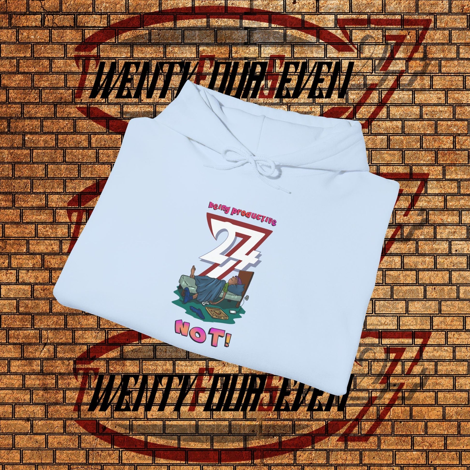 White funny custom hoodie with lazy teen cartoon design and adjustable drawstring hood