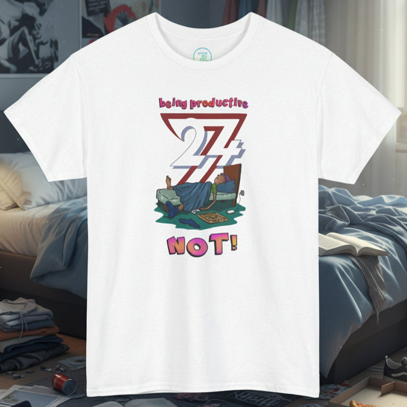 White funny tee for teenagers with vibrant lazy design and "being productive NOT!" text