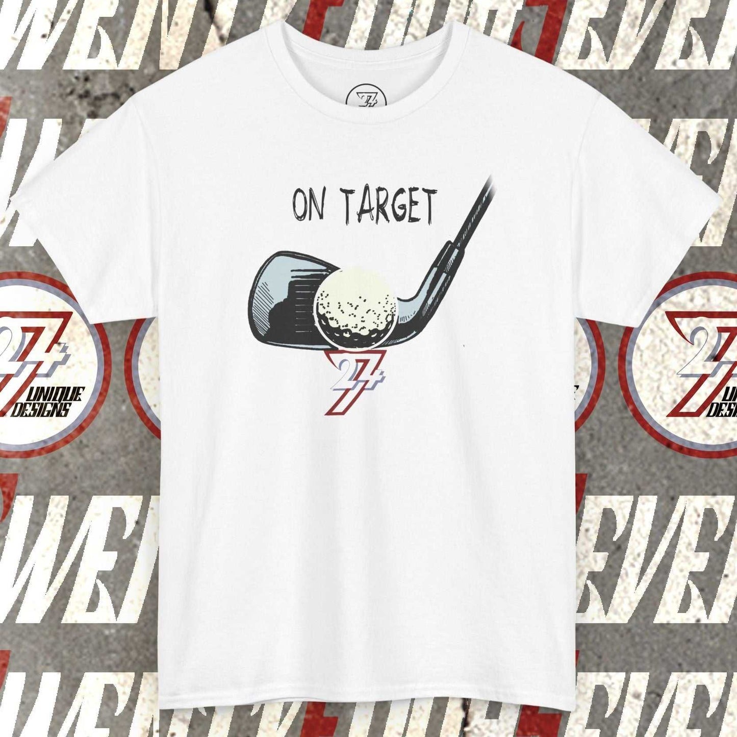 White golf graphic t-shirt with hand-drawn golf club and ball illustration and "On Target" text