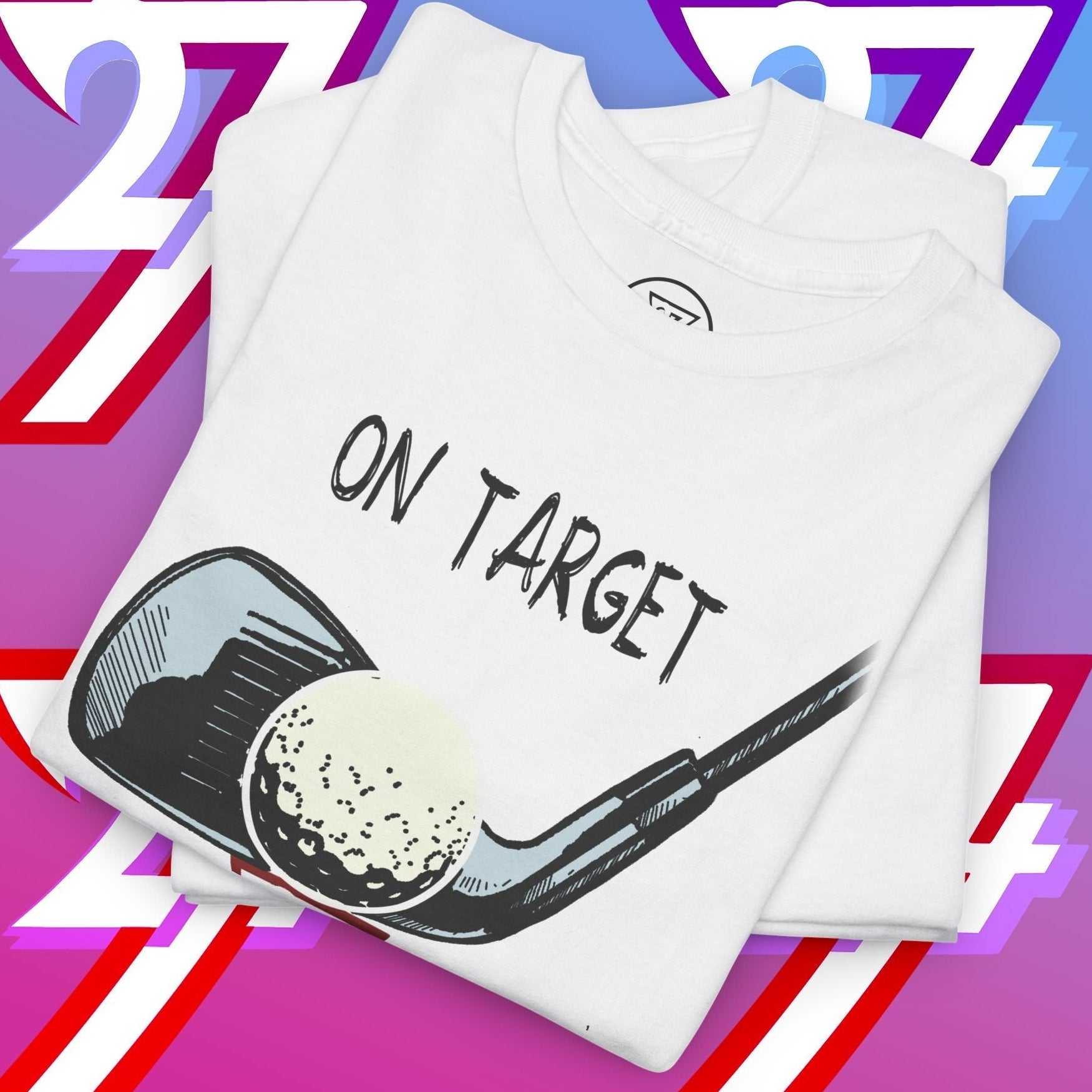 White golf graphic t-shirt with hand-drawn golf club and ball illustration and "On Target" text design