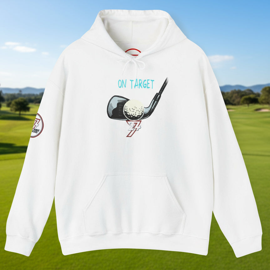 White golf hoodie with hand-drawn golf club and ball design, kangaroo pocket, and adjustable hood