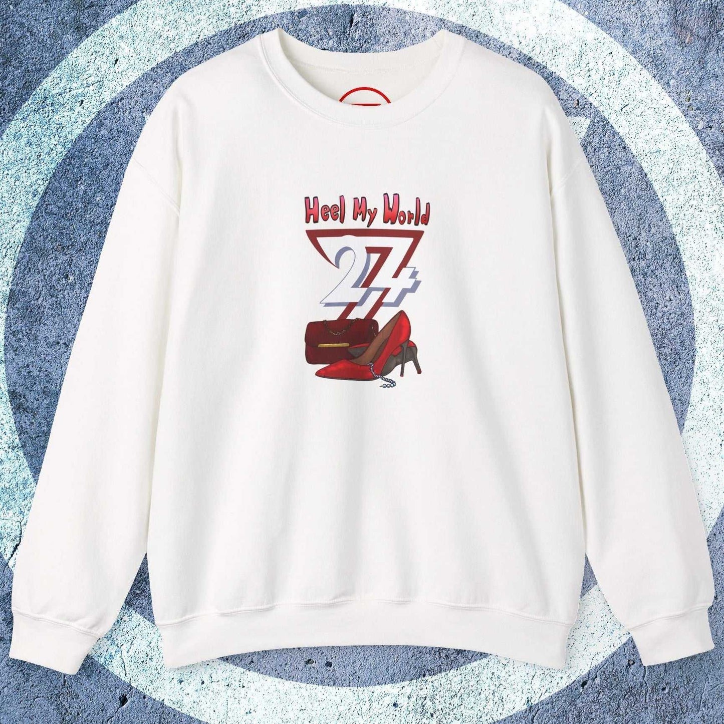 White graphic sweatshirt for women with handbag and high-heel design, cozy cotton-poly blend, casual style