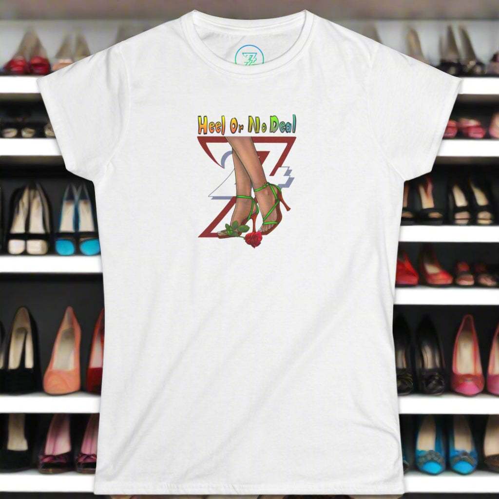 White graphic tee for women with "Heel or No Deal" text, rose and high heel illustration.