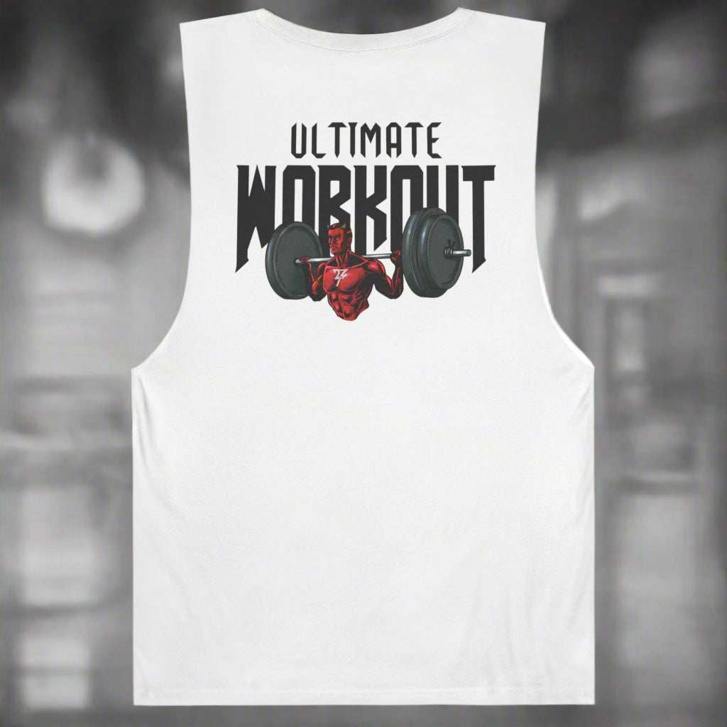 White gym muscle tank for men with exclusive "Ultimate Workout" illustration showing a muscular figure lifting weights on the back.