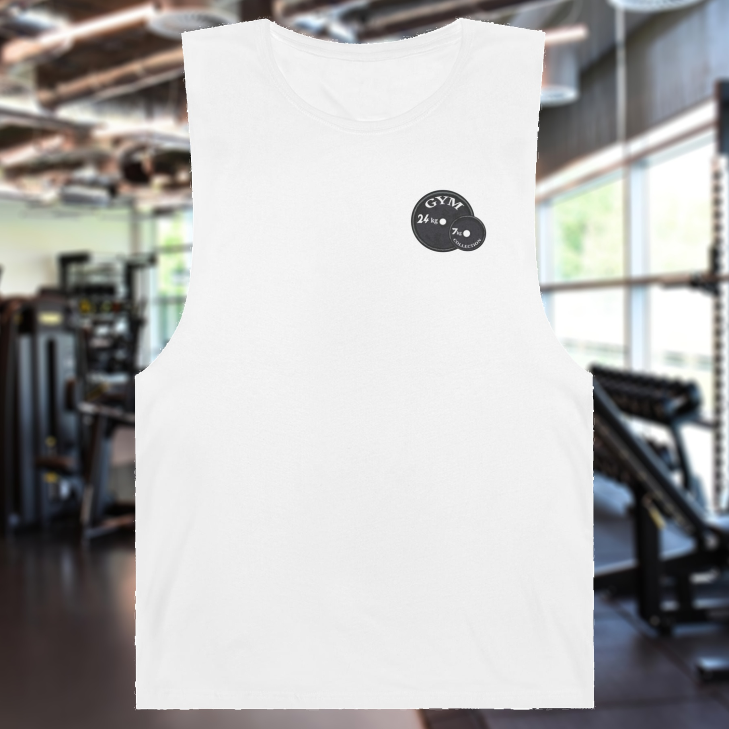 White gym muscle tank for men with fantasy workout illustration sleeveless cotton comfortable fit