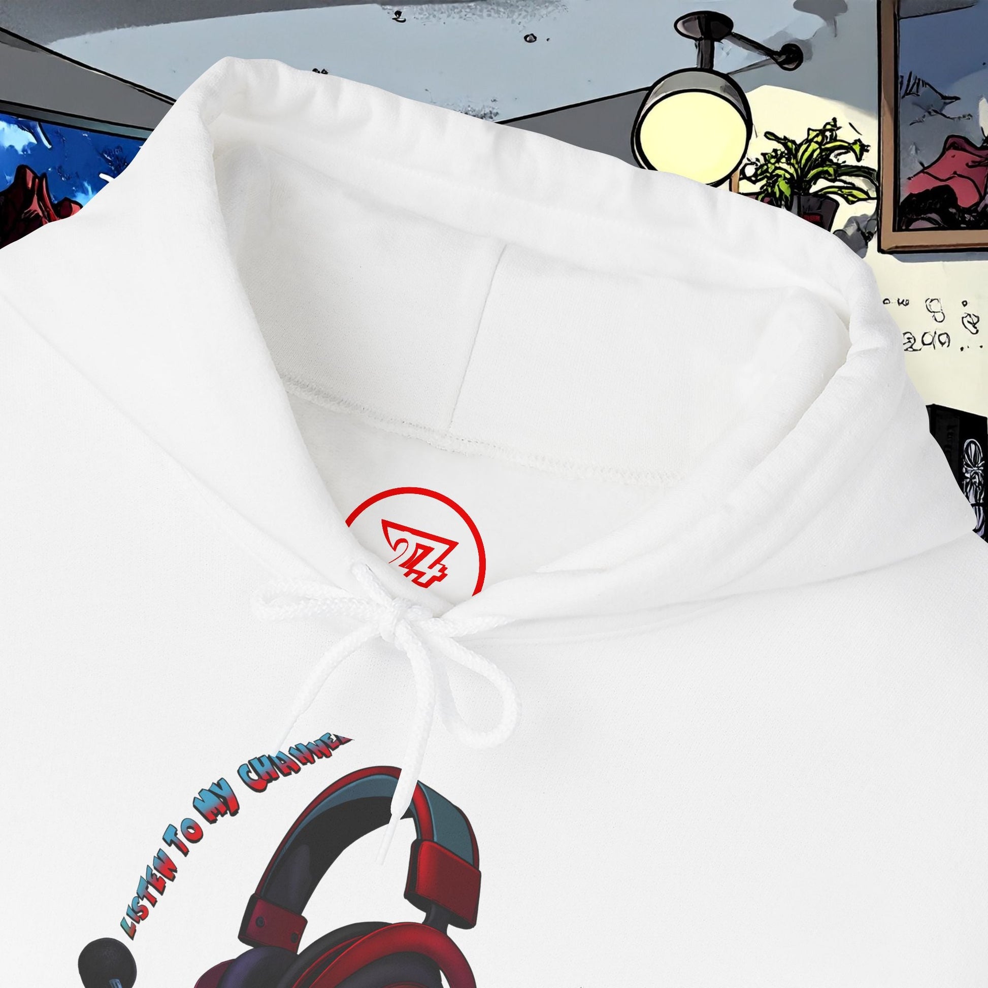 White headset hoodie with headphone graphic and adjustable drawstring hood