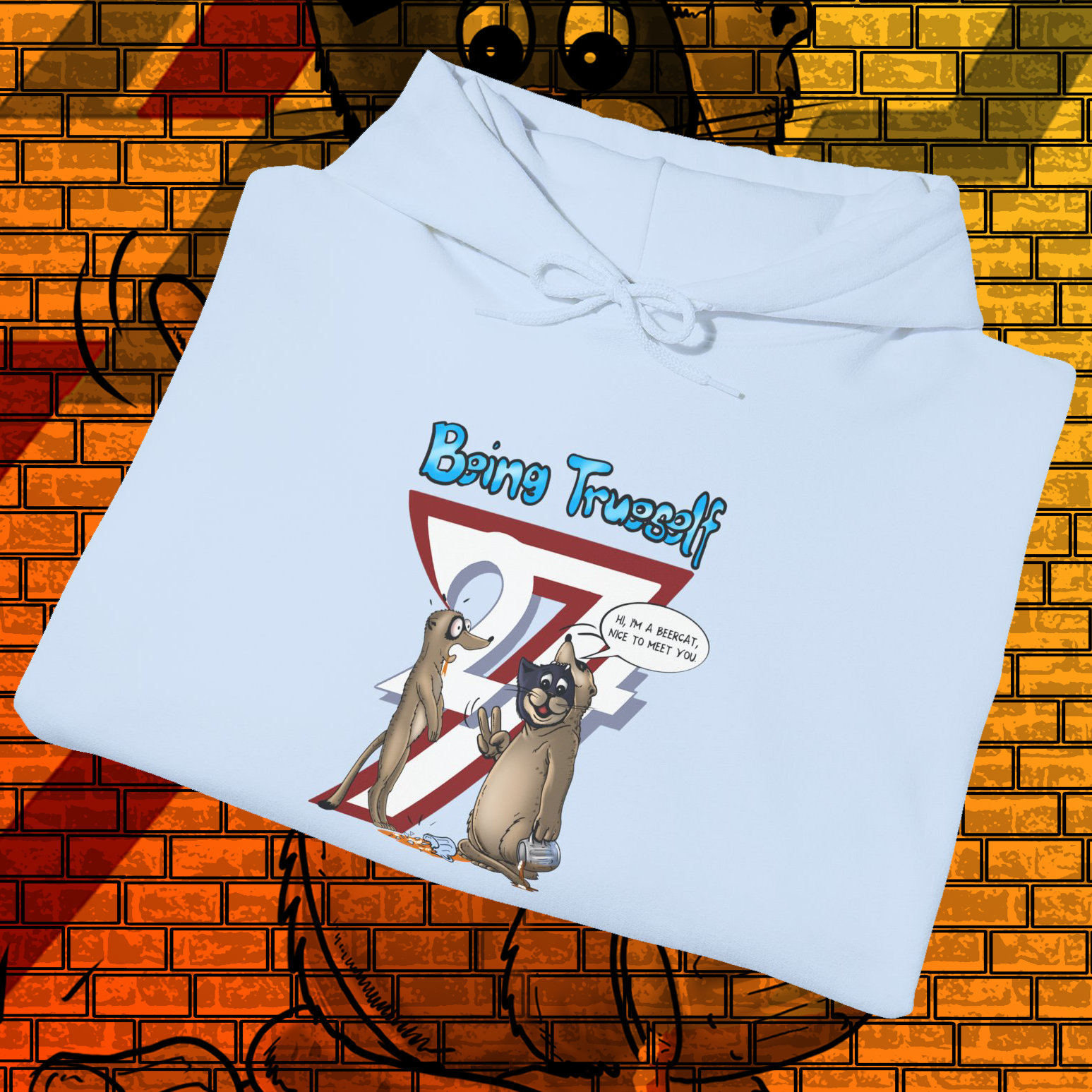 White hoodie with meerkat and cat cartoon design and "Being True-Self" text, kangaroo pocket, adjustable hood