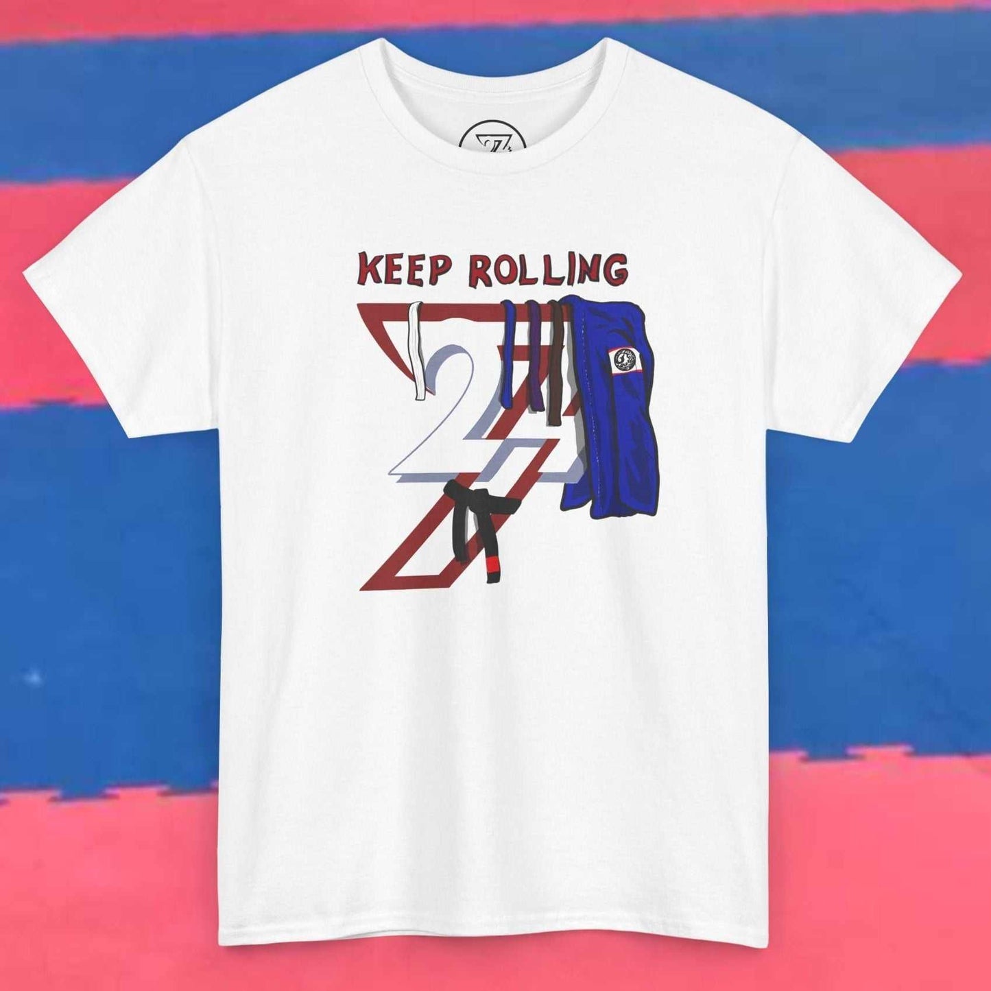 White jiu-jitsu t-shirt with "Keep Rolling" graphic and martial arts design on front