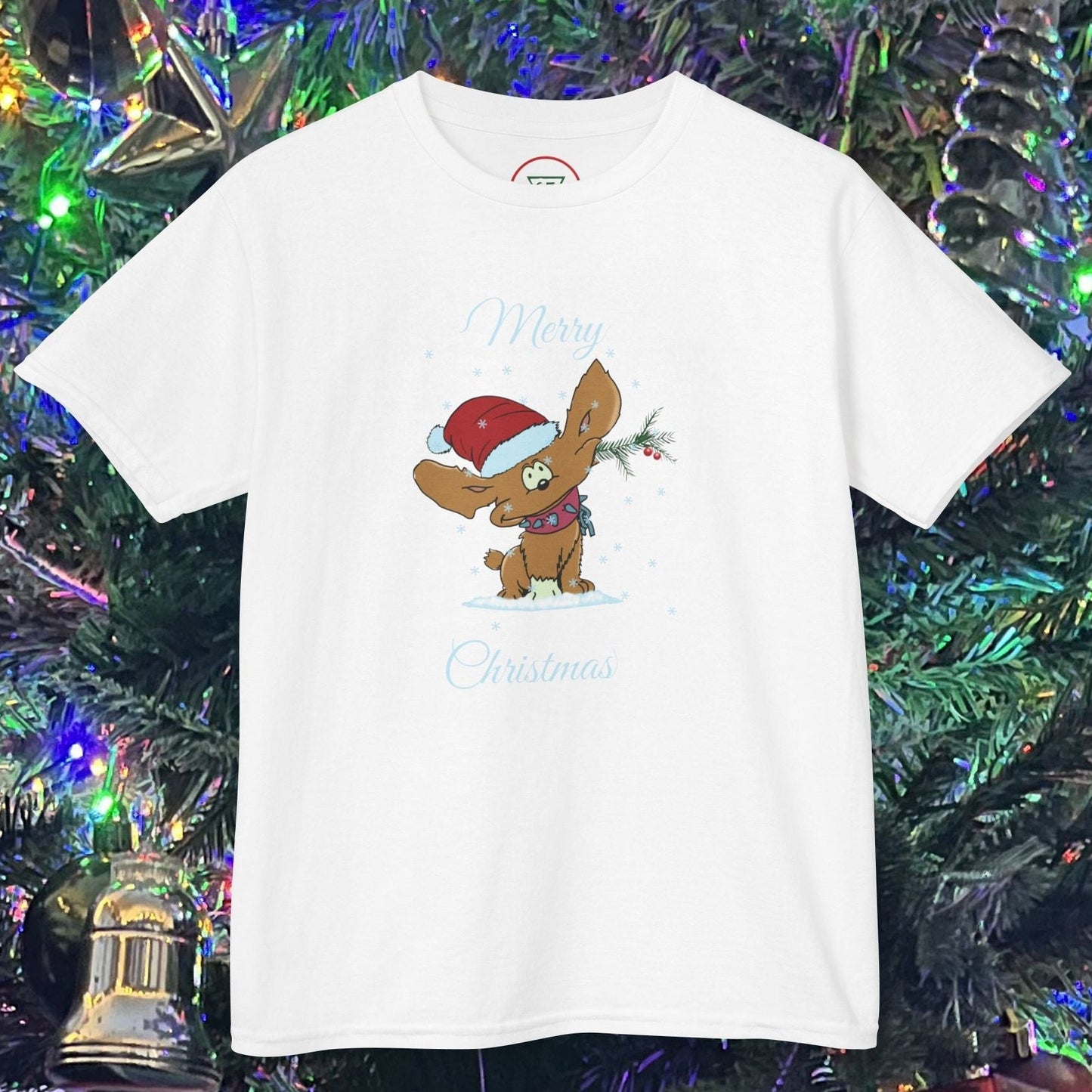 White kids Christmas tee with festive puppy wearing Santa hat design and Merry Christmas text