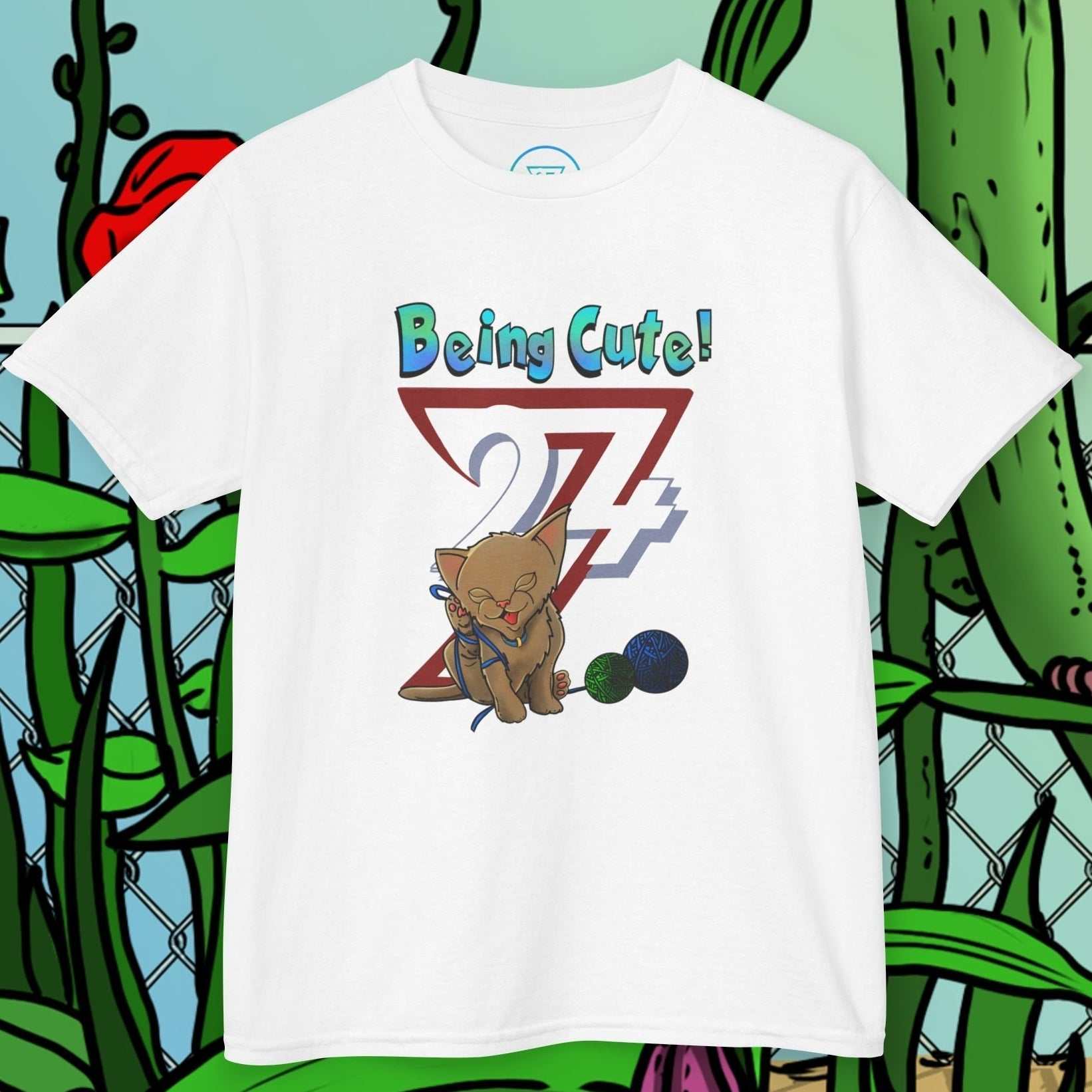 White kids t-shirt with hand-drawn cute cat and "Being Cute!" text design