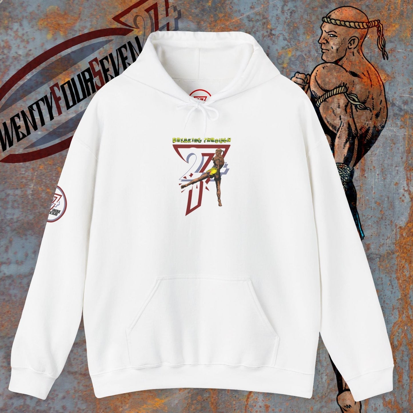 White muay thai hooded sweatshirt with kangaroo pocket and martial arts graphic design