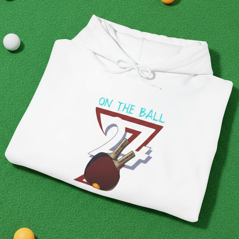 White ping pong hoodie with hand-drawn design and adjustable drawstring hood