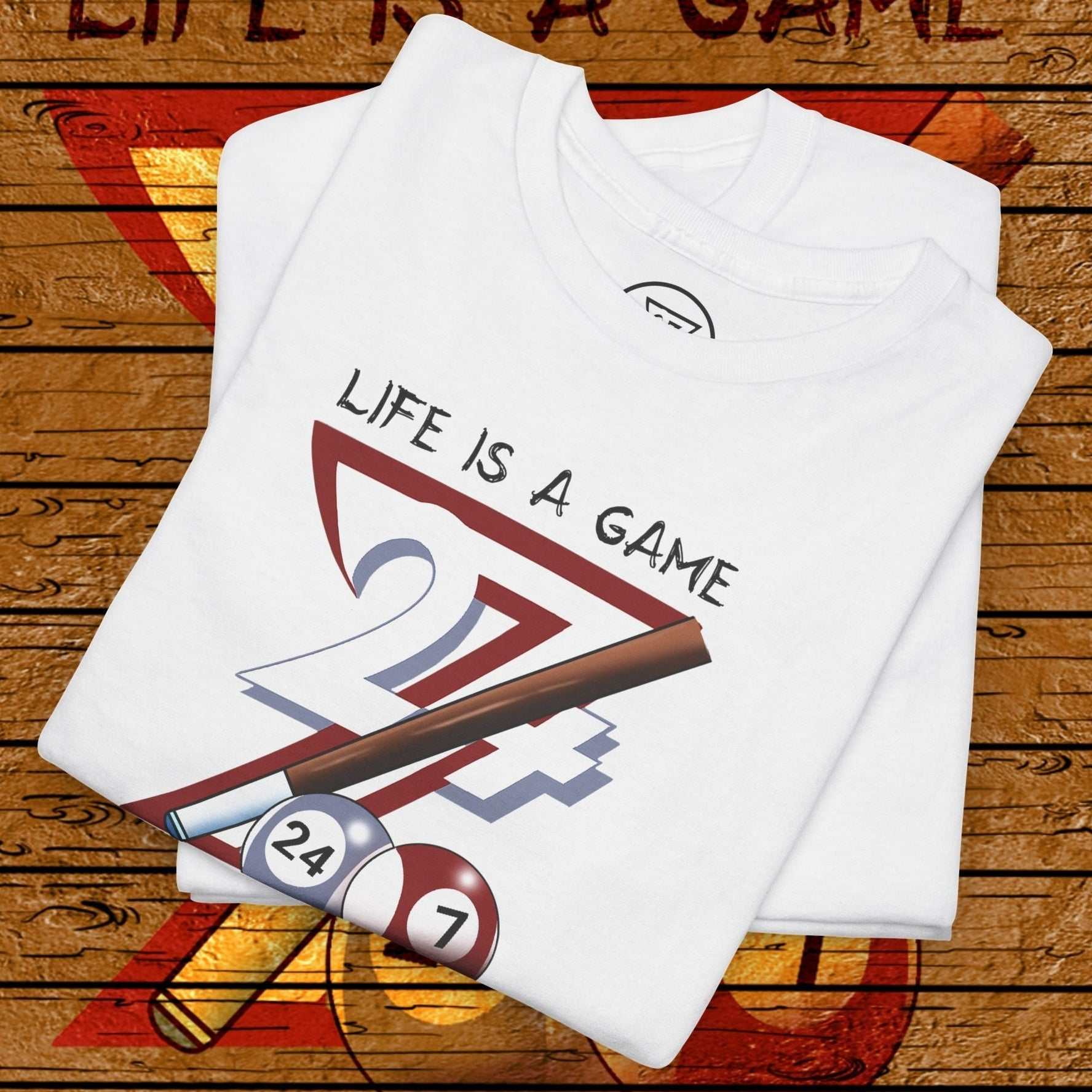 White pool tee with hand-drawn vibrant billiards design featuring cue and balls and "Life is a game" text