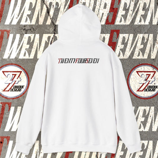 White printed hoodie with twentyfourseven logo on the back, cotton-polyester blend, casual wear