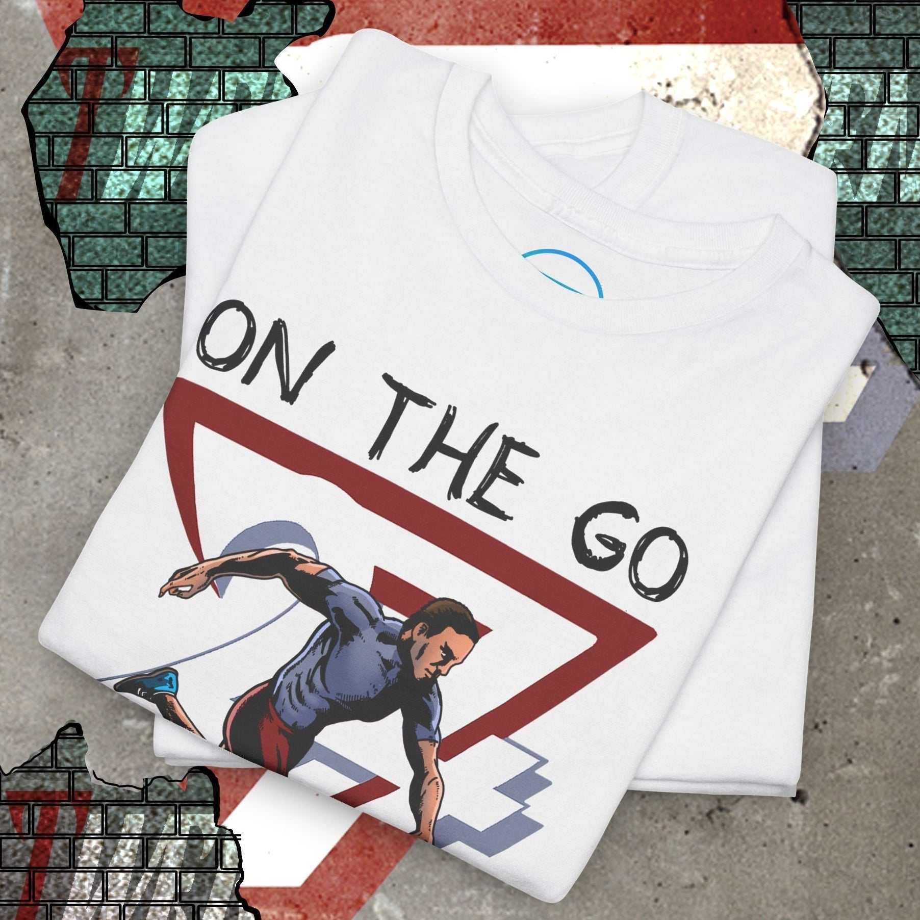 White running sports tee with hand-drawn runner illustration and "ON THE GO" text, folded on textured surface
