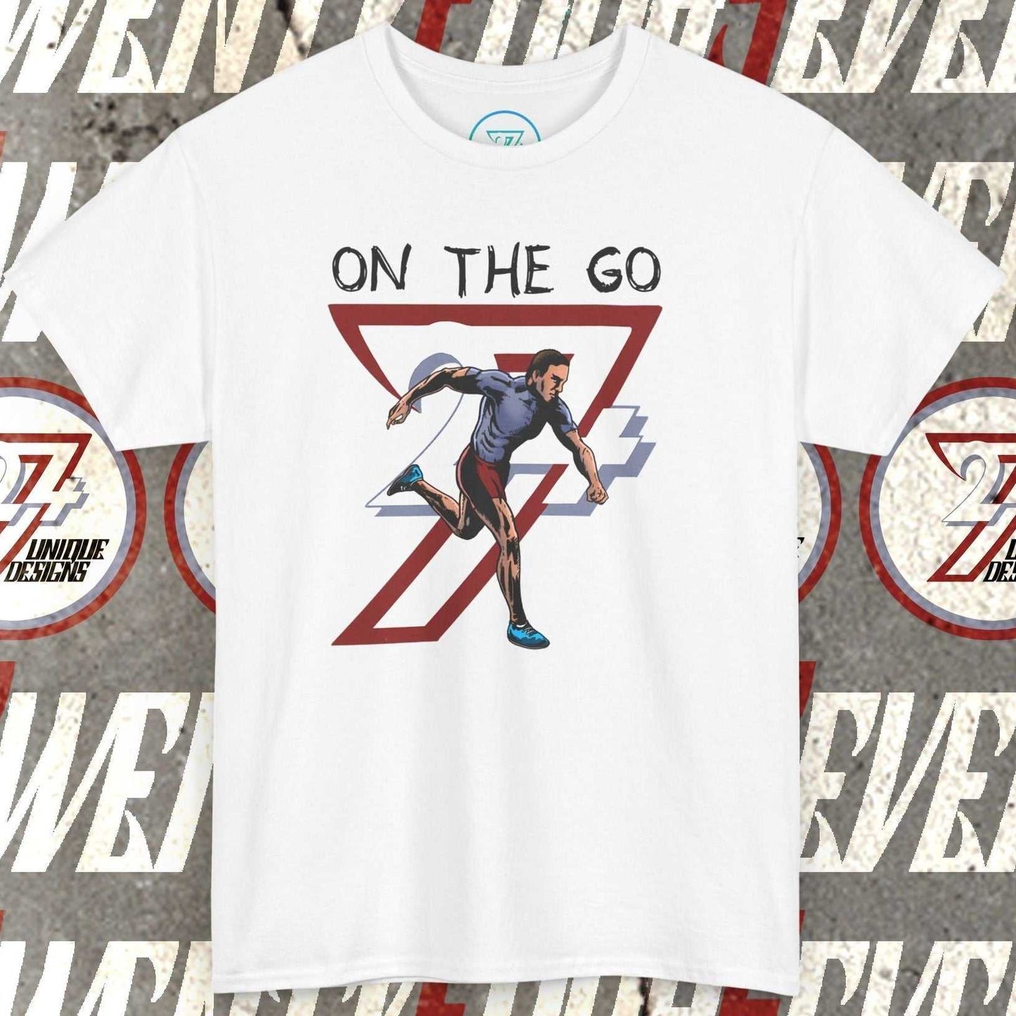 White running sports tee with hand-drawn runner illustration and "On The Go" text, lightweight cotton fabric.