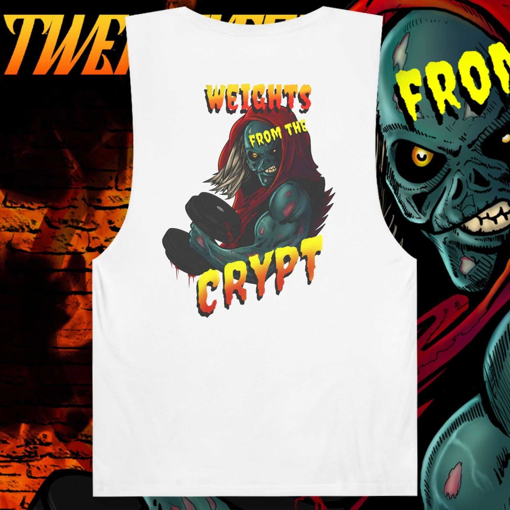 White sleeveless gym tank top featuring colorful horror comic-style graphic with a muscular undead character holding a barbell and the text "Weights From the Crypt"
