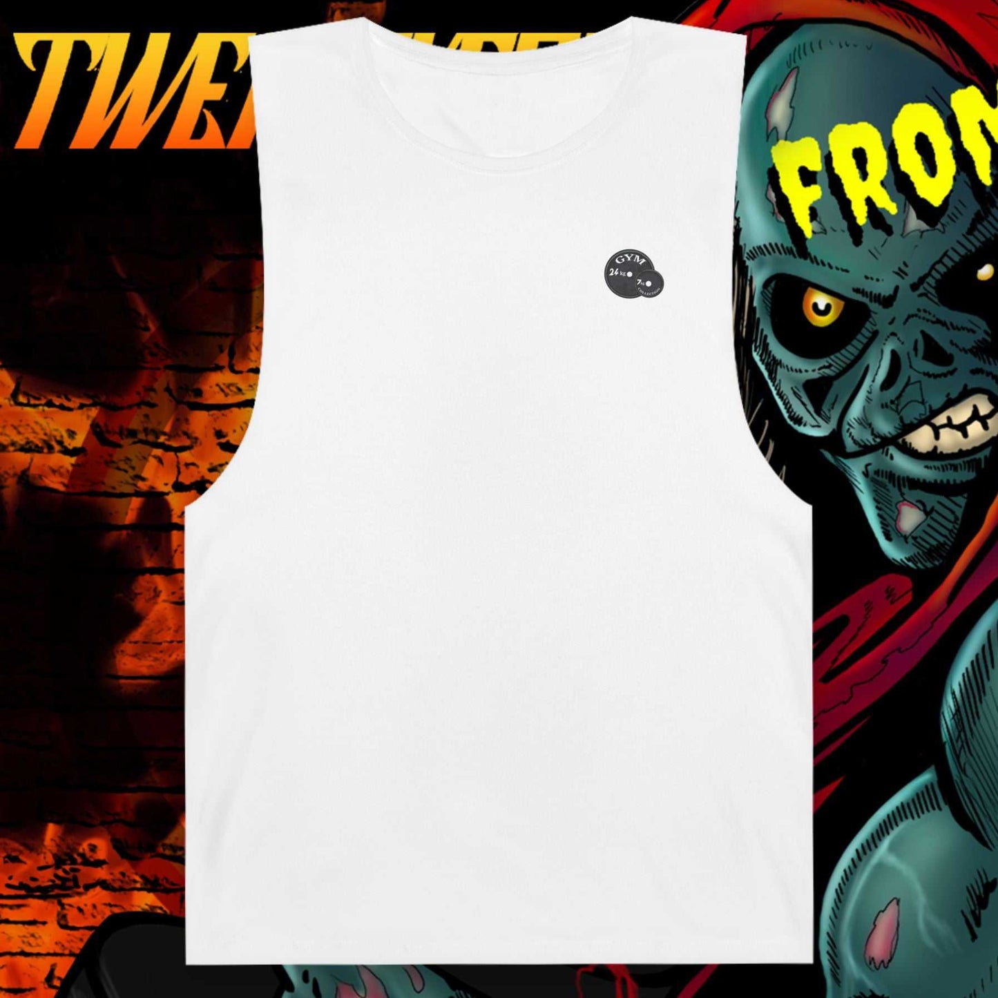 White sleeveless gym tank top with small black graphic, inspired by 90s horror comic art, featuring raw cut-off sleeves and breathable fabric