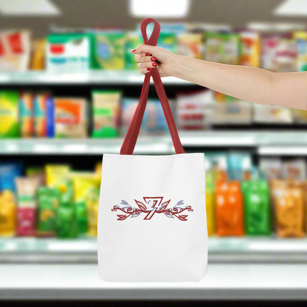 White small tote bag with red handle