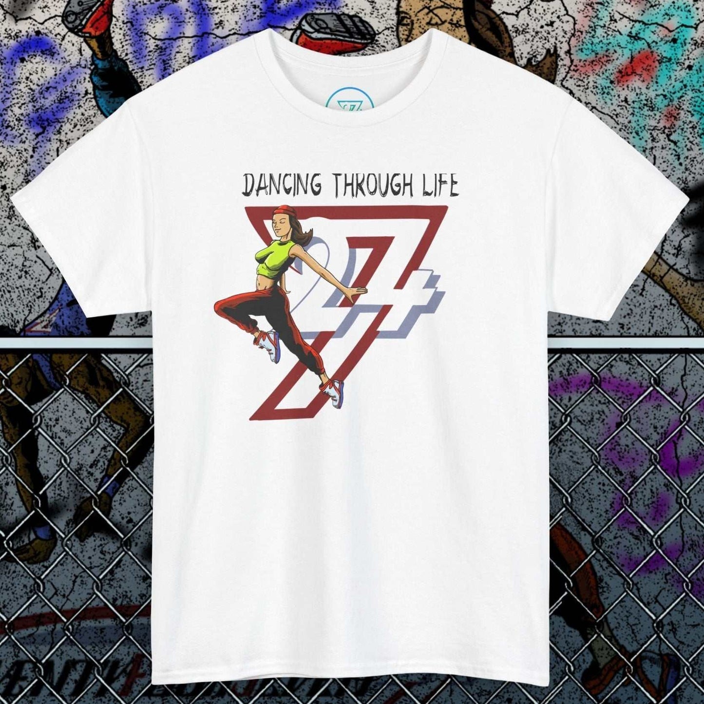 White street dance graphic tee with hand-drawn dancer and "Dancing Through Life" text on front.