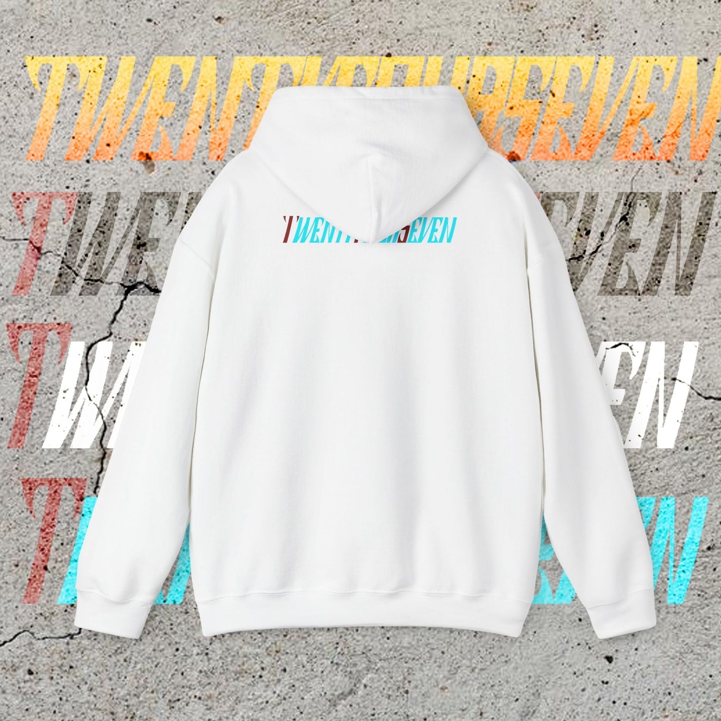 White stylish hoodie with Twentyfourseven logo, comfortable streetwear for adults