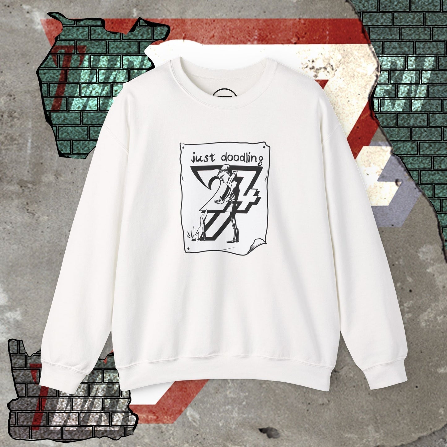 White sweatshirt featuring a hand-drawn dog illustration caricature and cartoon design, casual streetwear.