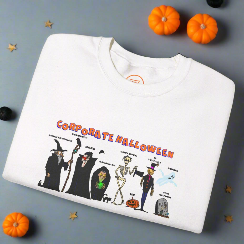 White sweatshirt for Halloween with funny corporate Halloween theme design