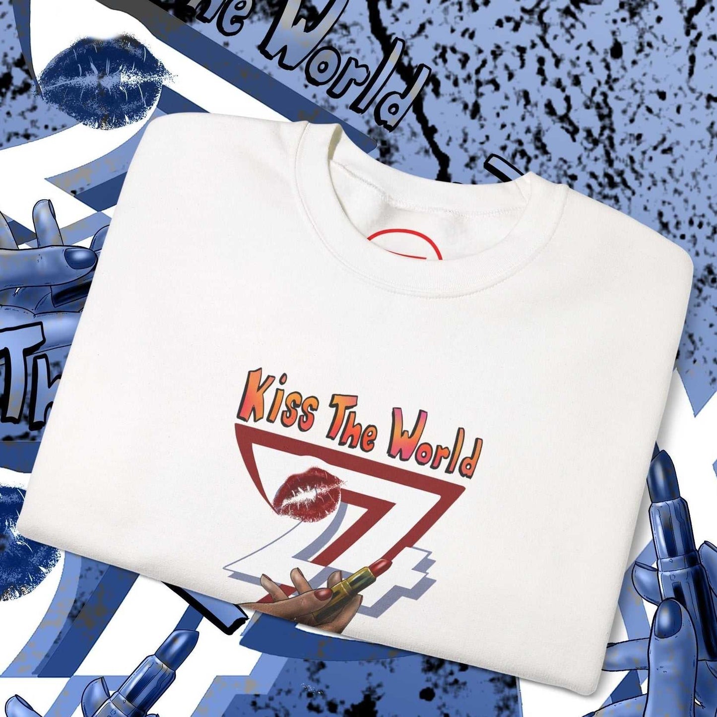 White sweatshirt with bold lipstick design and "Kiss The World" text, vibrant artistic print for women