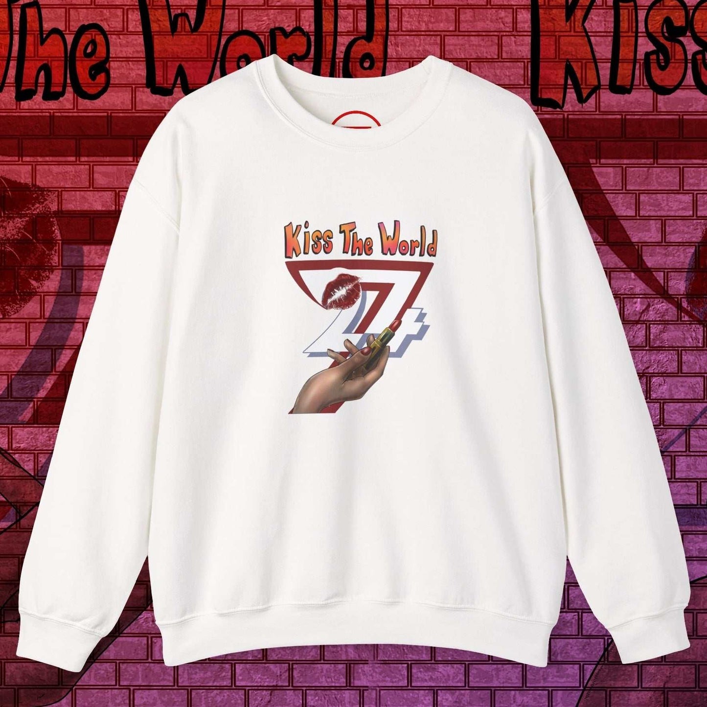 White sweatshirt with bold lipstick design and "Kiss The World" text for women