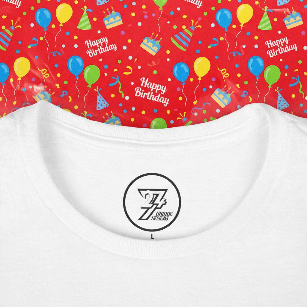 White t-shirt for women with 24/7 Unique Designs logo inside collar, ribbed knit collar, and size L label.