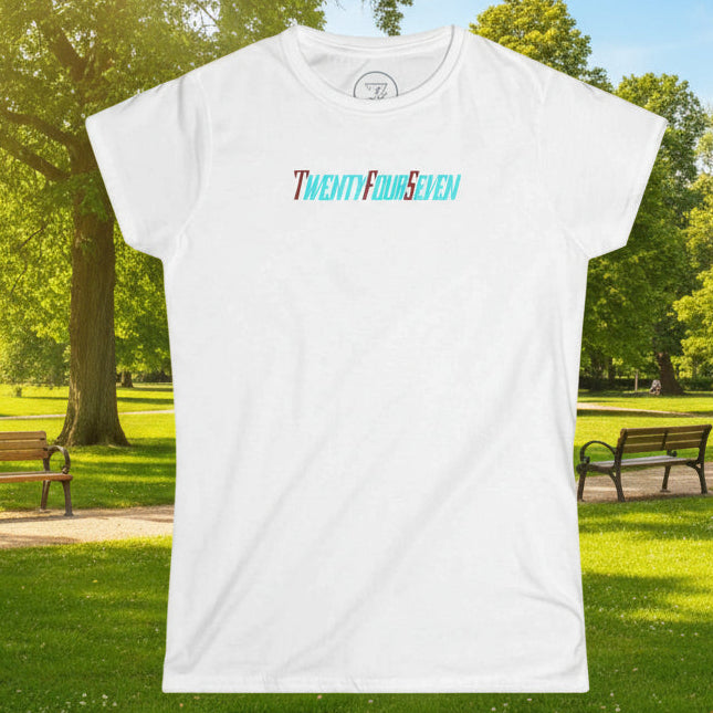 White unique women t-shirt with colorful "Twentyfourseven" text, casual summer style