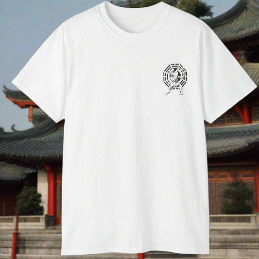 White unisex Thai Chi tee with black martial arts design on front pocket area, made of 100% cotton with classic fit and crew neckline.